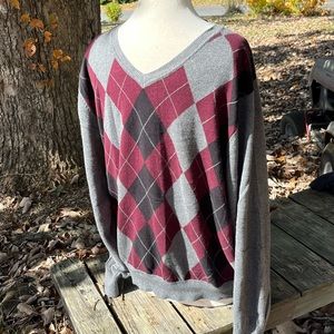 JF J. FERRAR ARGYLE VNECK SWEATER XL MENS GREY MAROON